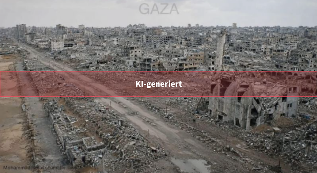Dieses Bild soll angeblich Gaza zeigen. Doch es ist nicht echt – die reale Zerstörung ist umfangreicher, wie Satellitenbilder dokumentieren. ()